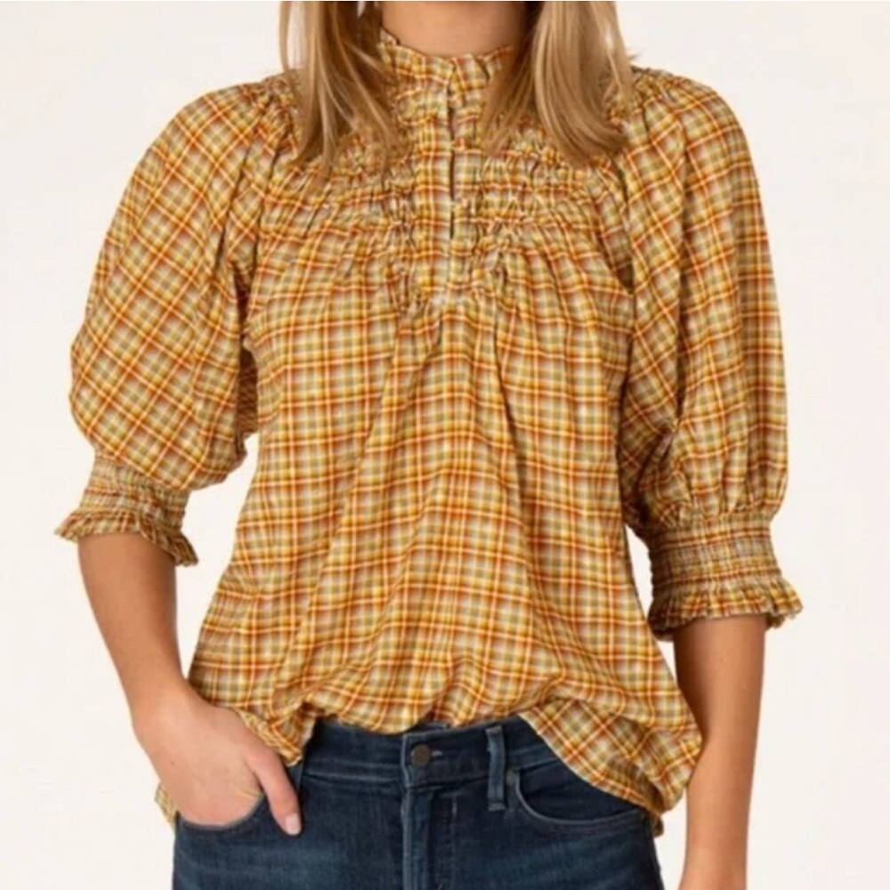 Olivia James The Label L The Bea Top Puff Sleeve Smock Check Yellow Blue Brown